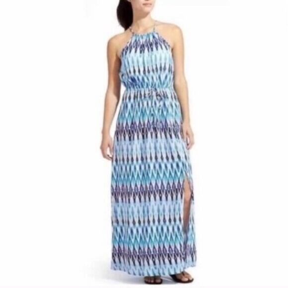 Athleta Small S Blue Kissma Maxi Dress Halter Neck Tie Waist Keyhole Slit Casual - Picture 12 of 12